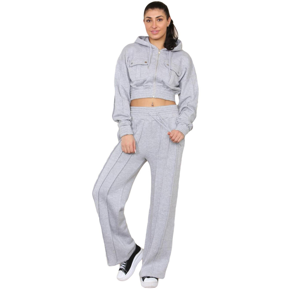 (Grey, XS) Ladies Tracksuit Zipper Crop Top Jogging Bottom