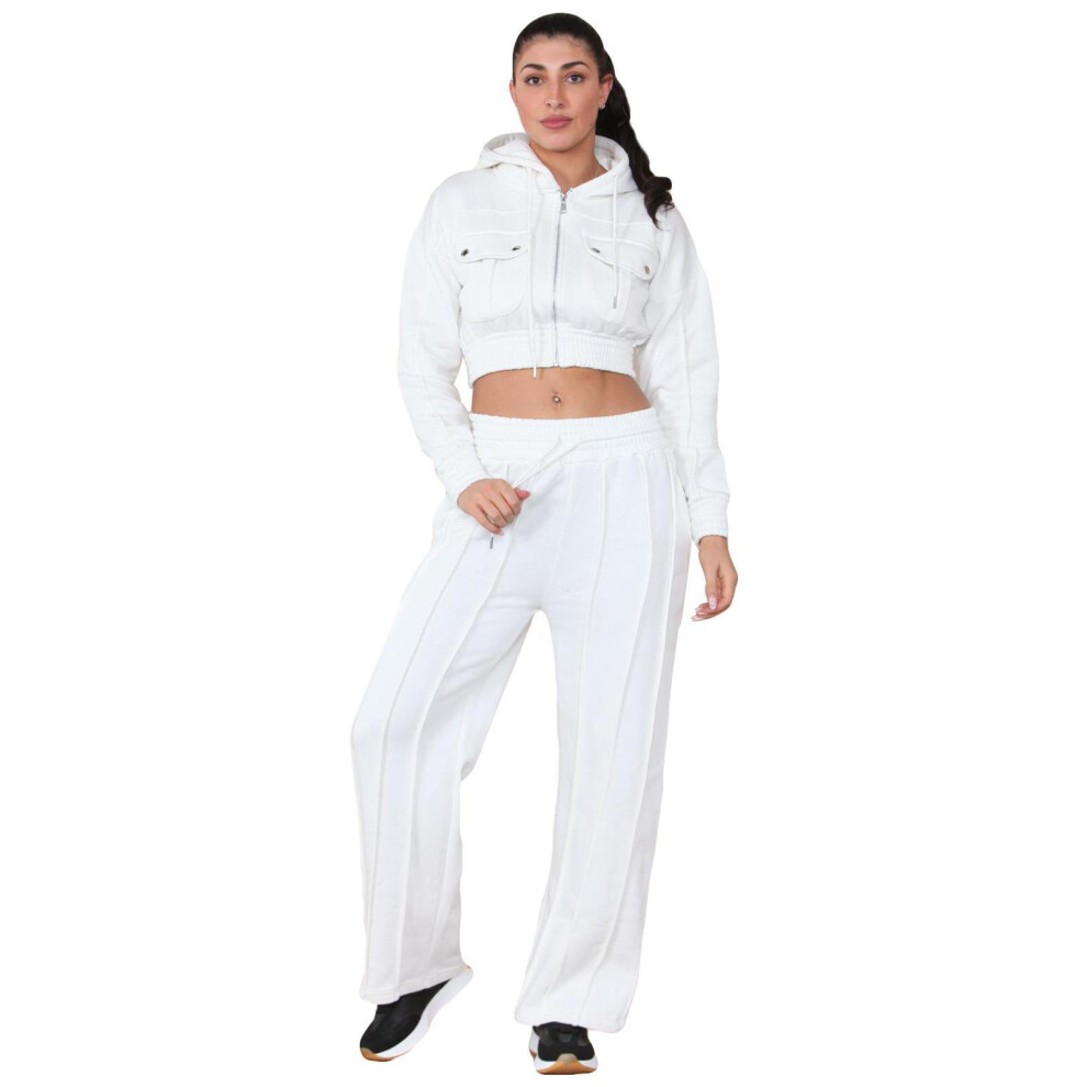 (Off White, XL) Ladies Tracksuit Zipper Crop Top Jogging Bottom