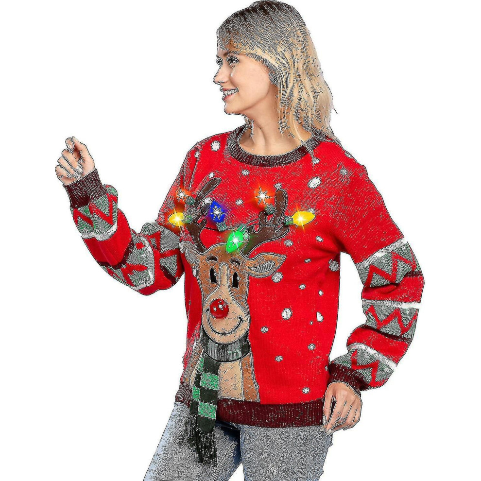 Womens Led Light Up Reindeer Ugly Christmas Sweater Built-in Light Bulbs