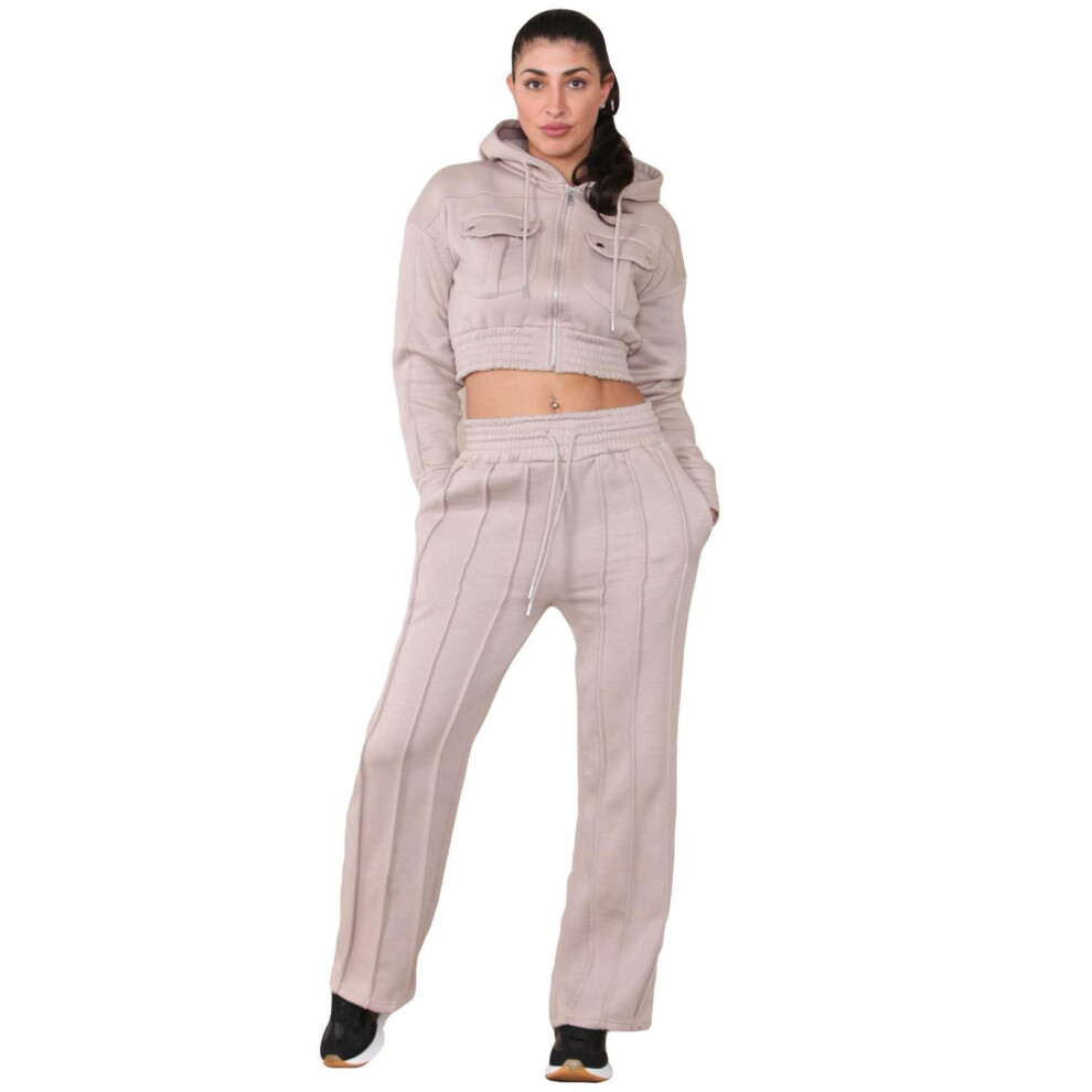 (Sand, XS) Ladies Tracksuit Zipper Crop Top Jogging Bottom