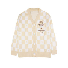 (2XL, Pom Pom Purin) Kawaii Sanrio My Melody Cinnamoroll Kuromi Sweater Cardigan Women Jk Uniform Checkerboard Knitted Sweater Anime Loose Sweater