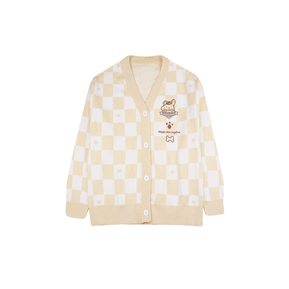 (2Xl, Pom Pom Purin) Kawaii Sanrio My Melody Cinnamoroll Kuromi Sweater Cardigan Women Jk Uniform Checkerboard Knitted Sweater Anime Loose Sweater Not,Specified