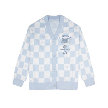 (M, Cinnamoroll) Kawaii Sanrio My Melody Cinnamoroll Kuromi Sweater Cardigan Women Jk Uniform Checkerboard Knitted Sweater Anime Loose Sweater