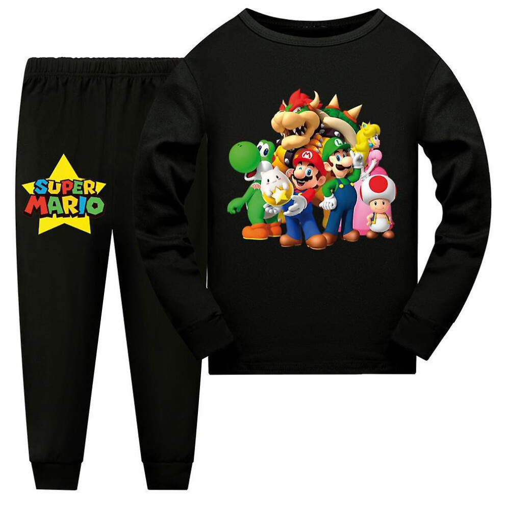 (Black, 13-14 Years) Super Mario Pyjamas Long Sleeve T-shirt Pants Sleepwear Nightwear Pjs Set Kids Boys Girls Pajamas Loungewear Age 7-14 Years