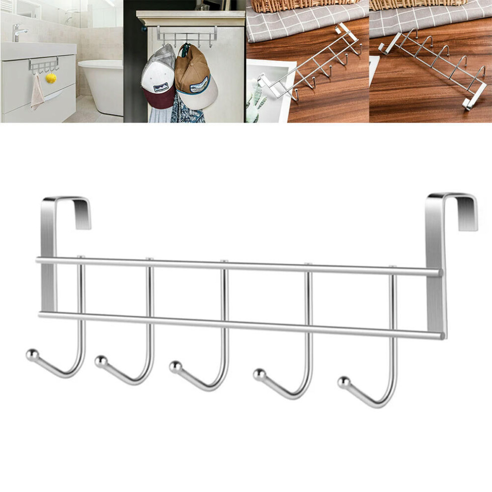 5 Hooks Over The Door Hooks Stainless Steel Hanger Clothes Towel Storage Holder Bathroom Organizer Rack Clothes Coat Hat Hanger