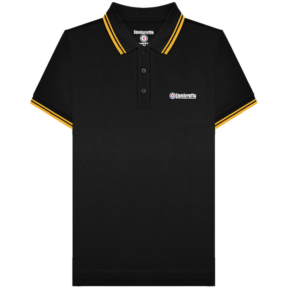 (XL, Black/Gold) Lambretta Mens Twin Tipped Short Sleeve 3 Button Placket Cotton Polo Shirt Top