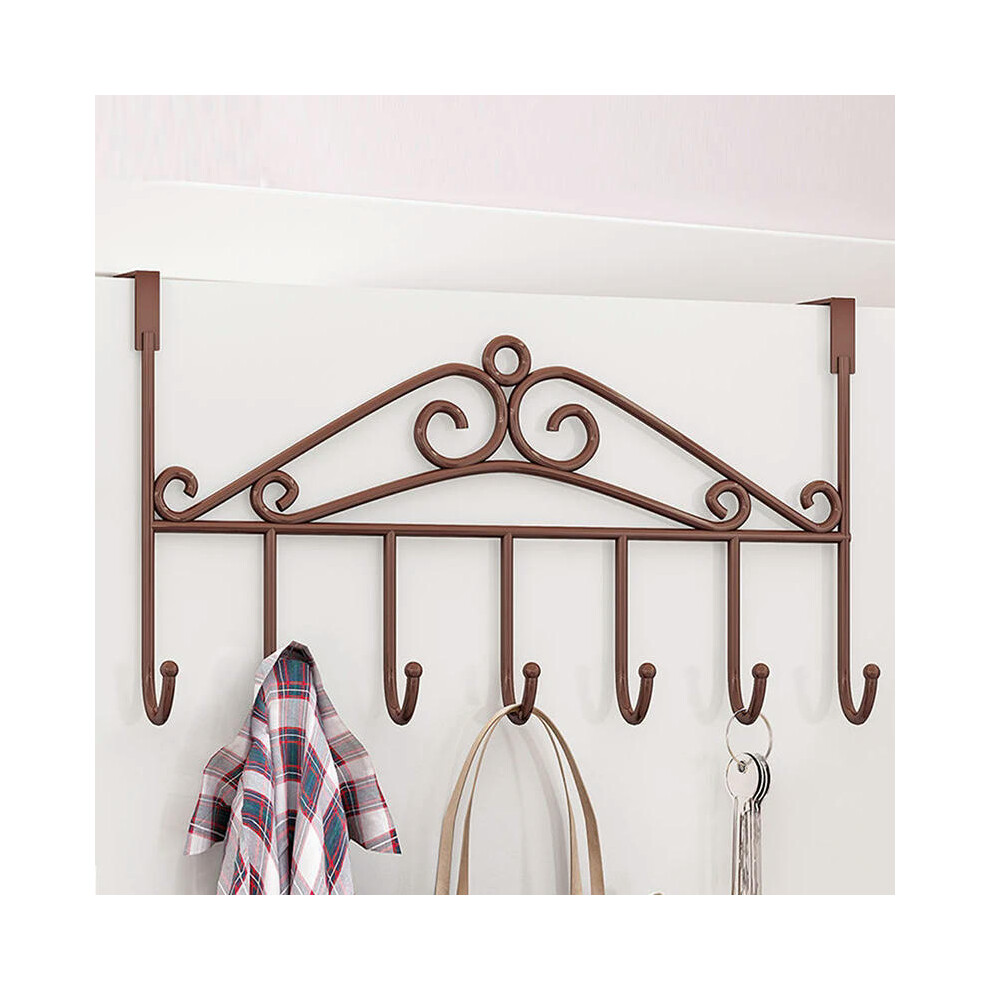 (Copper) 7 Hooks Iron Hook Over Door Metal Hanger Bracket Towel Hat Coat Hooks Hanging Storage Rack Overdoor Organizer Accessories