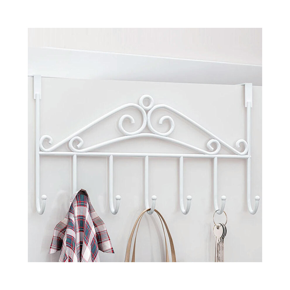 (White) 7 Hooks Iron Hook Over Door Metal Hanger Bracket Towel Hat Coat Hooks Hanging Storage Rack Overdoor Organizer Accessories