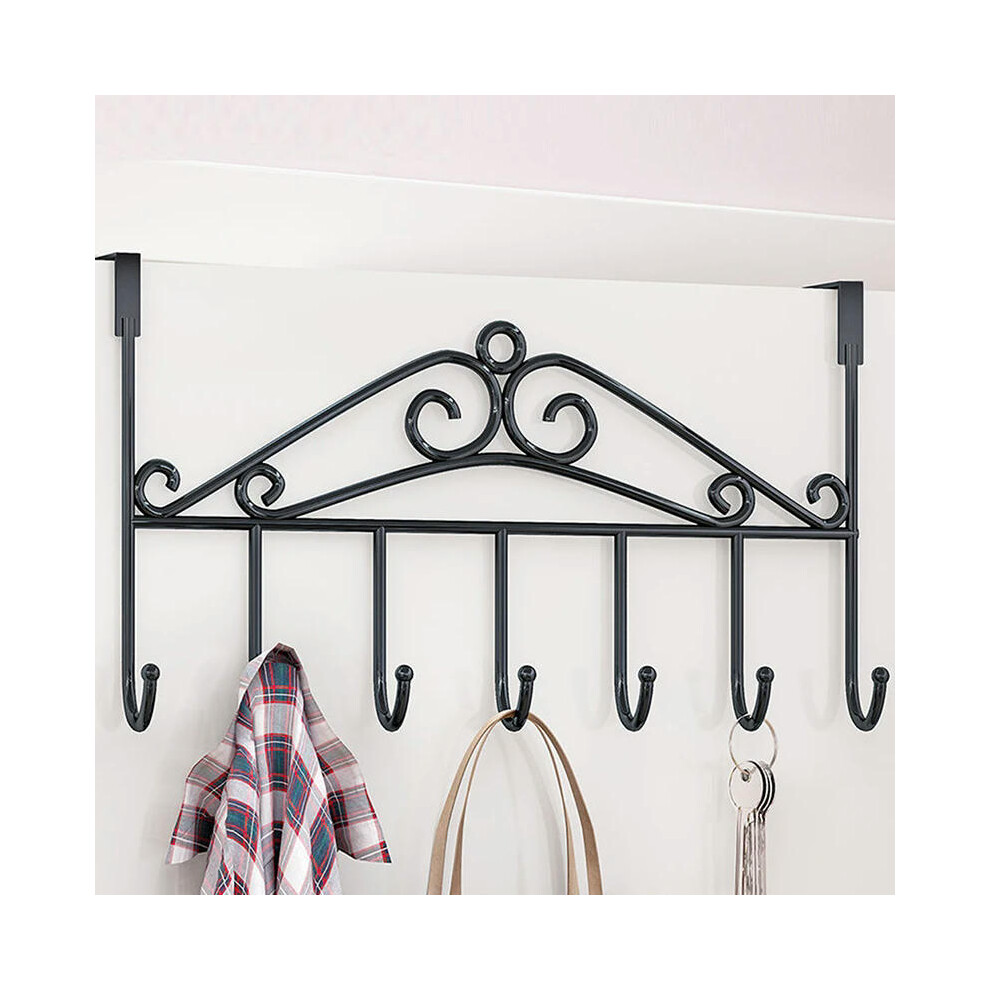 (Black) 7 Hooks Iron Hook Over Door Metal Hanger Bracket Towel Hat Coat Hooks Hanging Storage Rack Overdoor Organizer Accessories