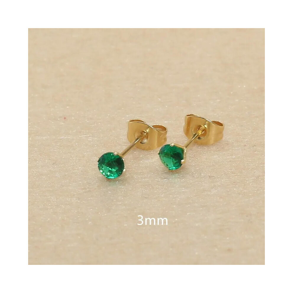 (green, gold 3mm) 3mm AAA Round Colorful Zircons White Stud Earrings With Stianless Steel Needle Brief Jewelry 20 Colors For Choose No Allergy