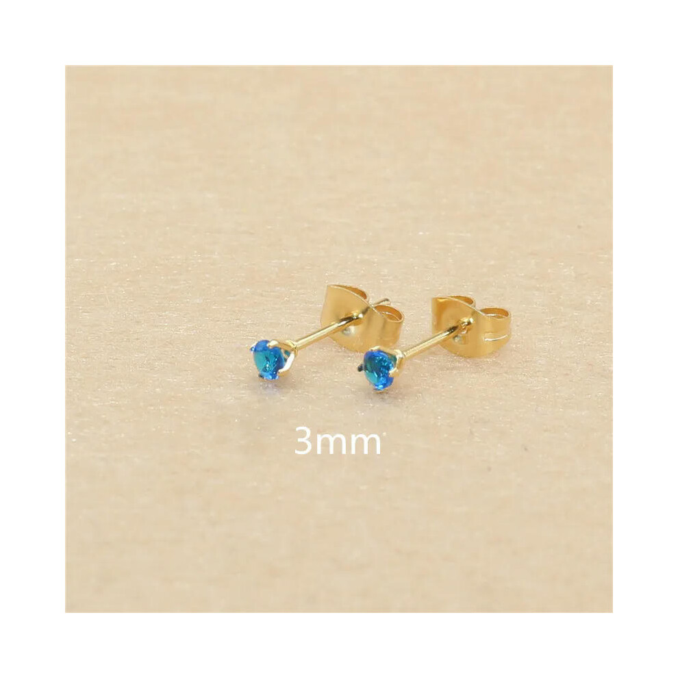 (new royal blue, gold 3mm) 3mm AAA Round Colorful Zircons White Stud Earrings With Stianless Steel Needle Brief Jewelry 20 Colors For Choose No Allerg