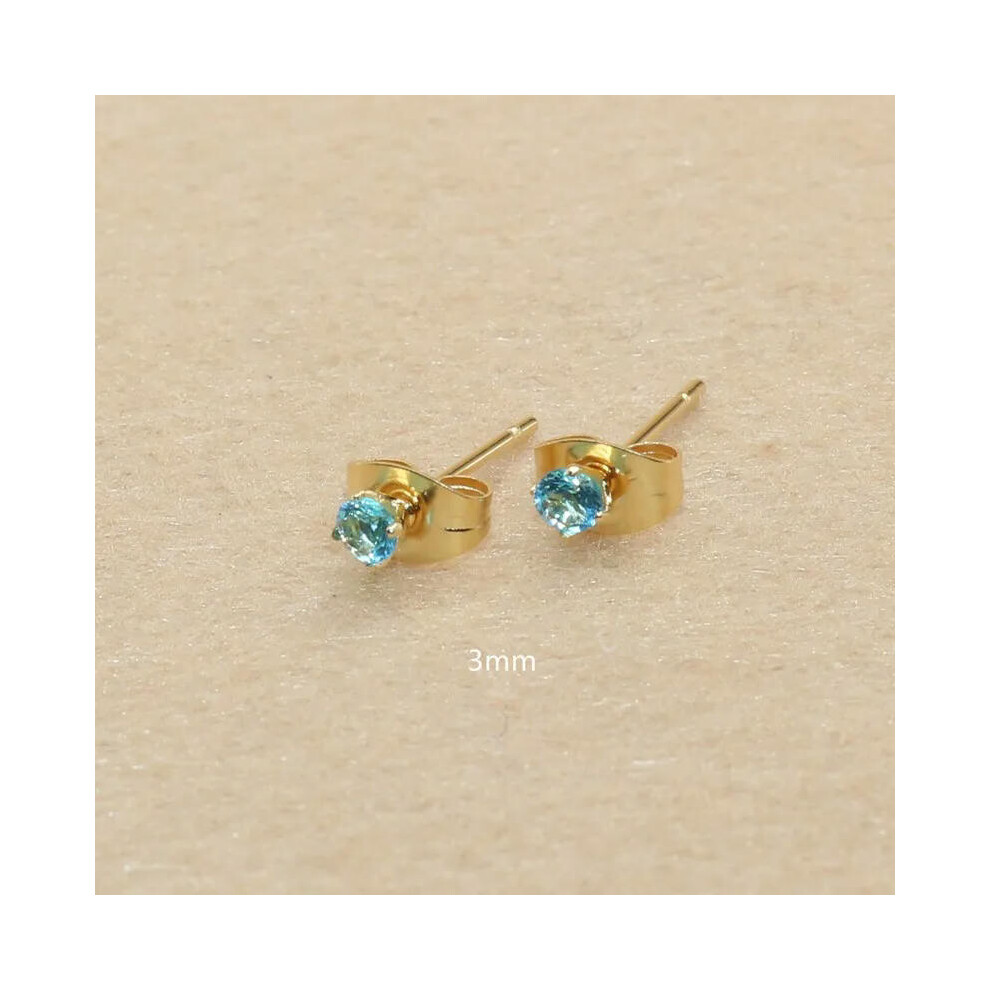 (ocean blue, gold 3mm) 3mm AAA Round Colorful Zircons White Stud Earrings With Stianless Steel Needle Brief Jewelry 20 Colors For Choose No Allergy