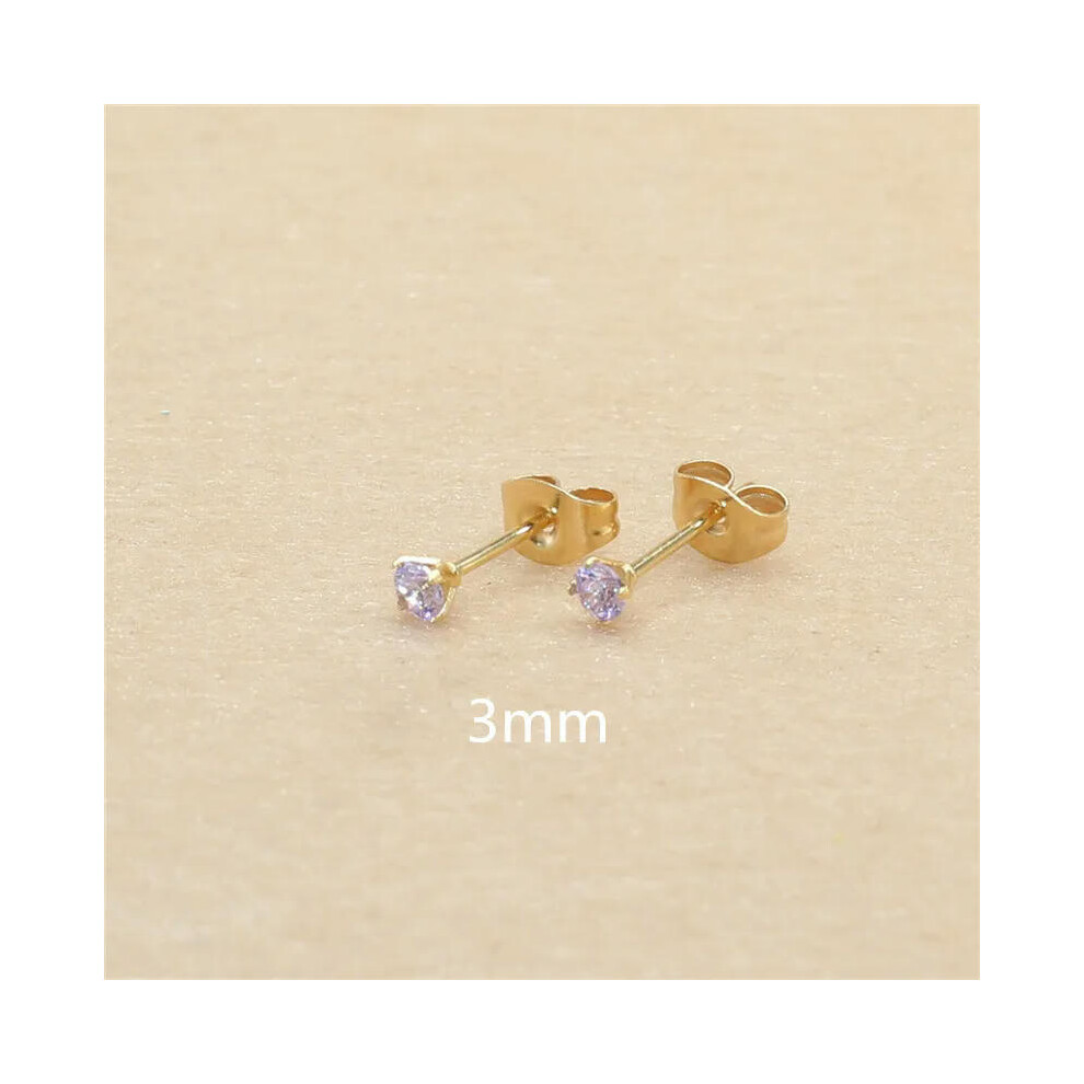 (light purple, gold 3mm) 3mm AAA Round Colorful Zircons White Stud Earrings With Stianless Steel Needle Brief Jewelry 20 Colors For Choose No Allergy