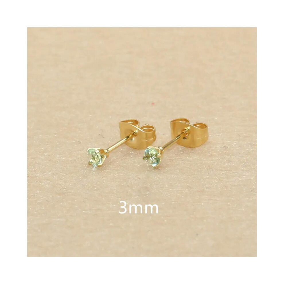 (apply green, gold 3mm) 3mm AAA Round Colorful Zircons White Stud Earrings With Stianless Steel Needle Brief Jewelry 20 Colors For Choose No Allergy