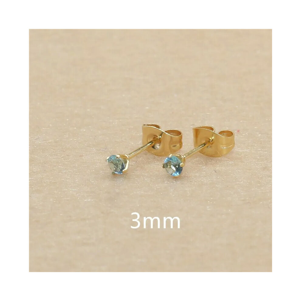 (lake blue, gold 3mm) 3mm AAA Round Colorful Zircons White Stud Earrings With Stianless Steel Needle Brief Jewelry 20 Colors For Choose No Allergy