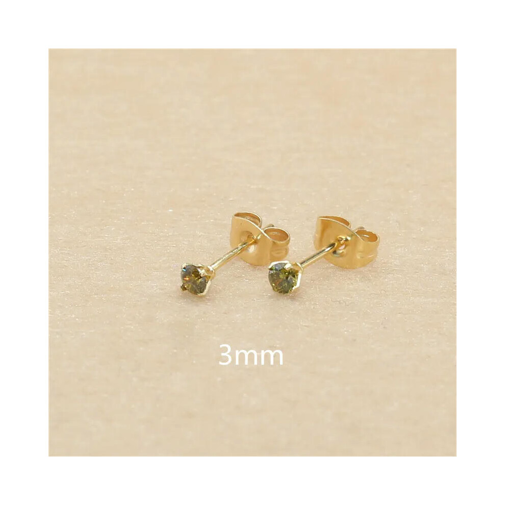 (olive green, gold 3mm) 3mm AAA Round Colorful Zircons White Stud Earrings With Stianless Steel Needle Brief Jewelry 20 Colors For Choose No Allergy