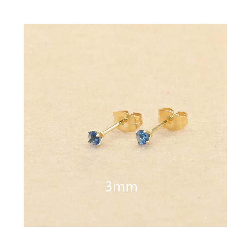 (royal blue, gold 3mm) 3mm AAA Round Colorful Zircons White Stud Earrings With Stianless Steel Needle Brief Jewelry 20 Colors For Choose No Allergy