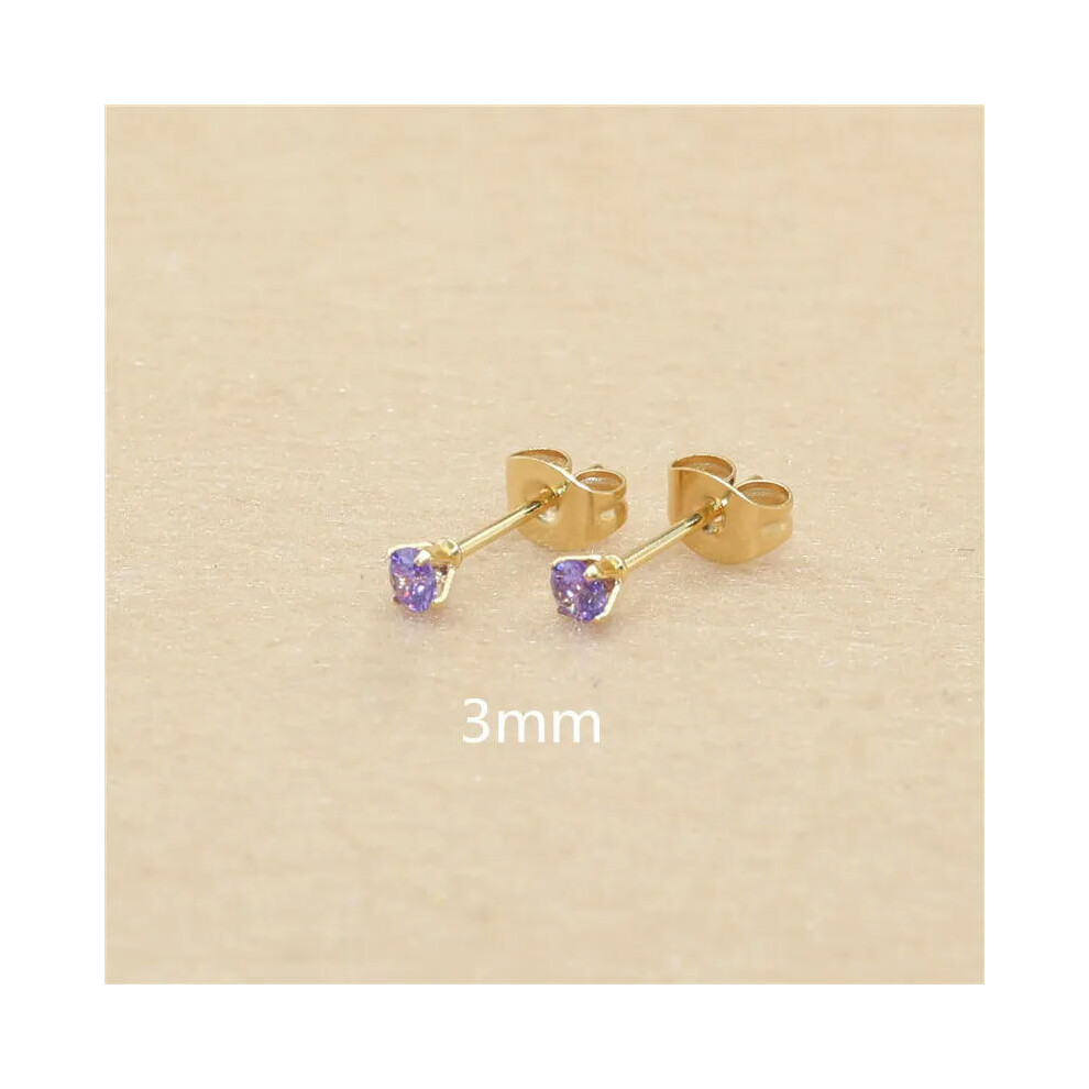 (purple, gold 3mm) 3mm AAA Round Colorful Zircons White Stud Earrings With Stianless Steel Needle Brief Jewelry 20 Colors For Choose No Allergy