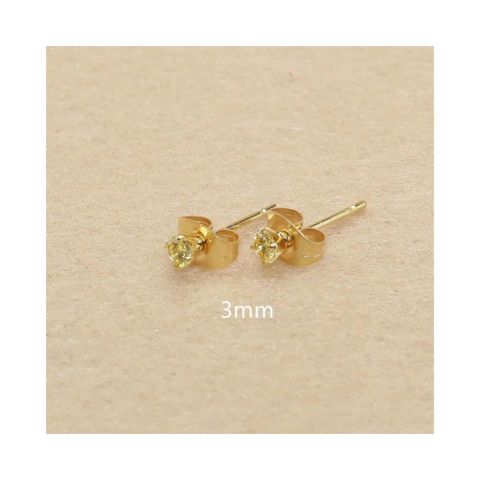 (golden, gold 3mm) 3mm AAA Round Colorful Zircons White Stud Earrings With Stianless Steel Needle Brief Jewelry 20 Colors For Choose No Allergy