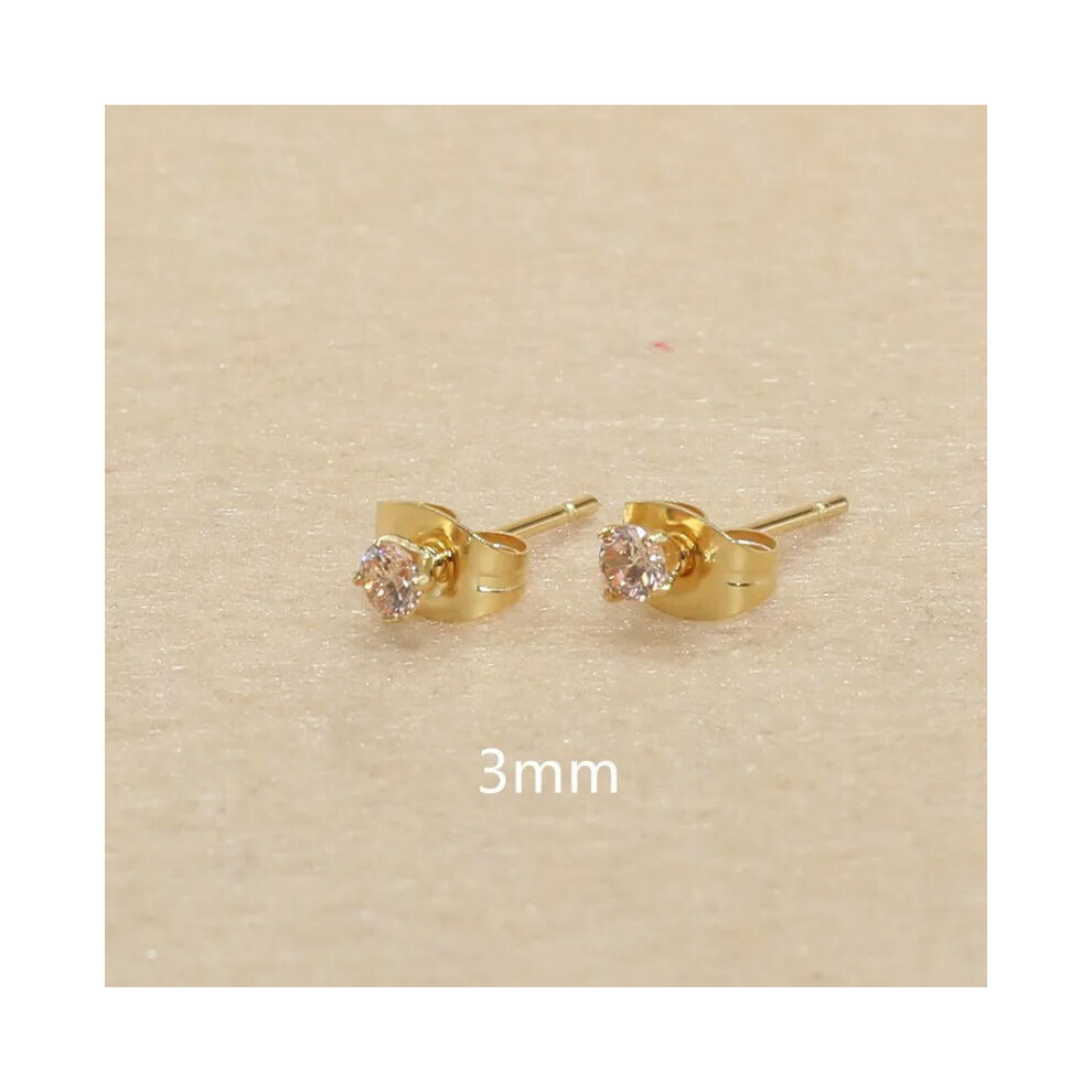 (champagne, gold 3mm) 3mm AAA Round Colorful Zircons White Stud Earrings With Stianless Steel Needle Brief Jewelry 20 Colors For Choose No Allergy