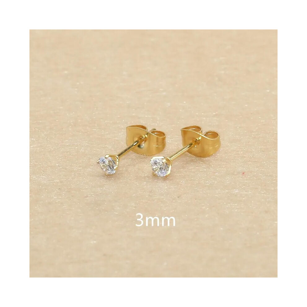 (white, gold 3mm) 3mm AAA Round Colorful Zircons White Stud Earrings With Stianless Steel Needle Brief Jewelry 20 Colors For Choose No Allergy