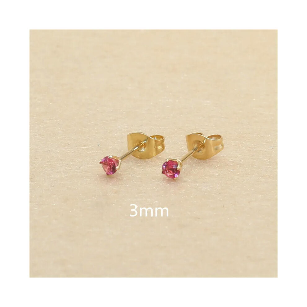 (hot pink, gold 3mm) 3mm AAA Round Colorful Zircons White Stud Earrings With Stianless Steel Needle Brief Jewelry 20 Colors For Choose No Allergy