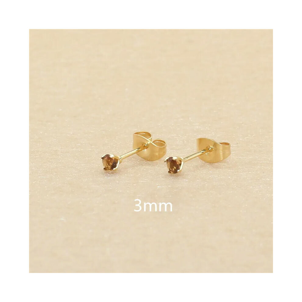 (brown, gold 3mm) 3mm AAA Round Colorful Zircons White Stud Earrings With Stianless Steel Needle Brief Jewelry 20 Colors For Choose No Allergy