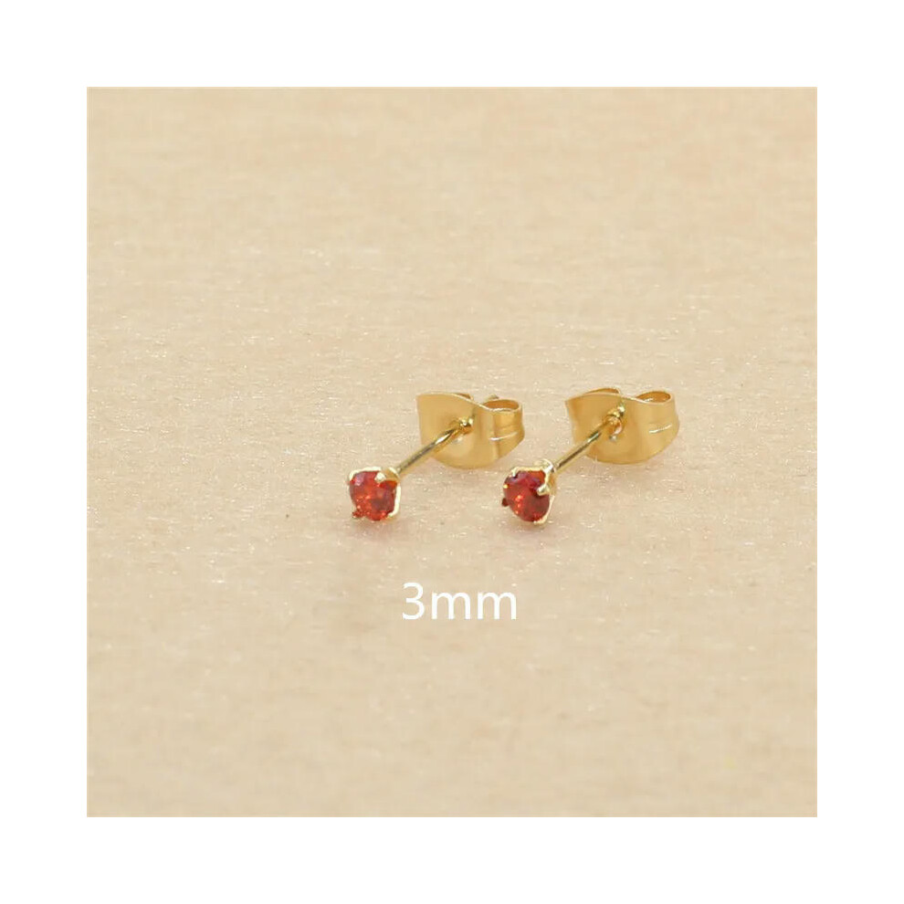 (pomegranate red, gold 3mm) 3mm AAA Round Colorful Zircons White Stud Earrings With Stianless Steel Needle Brief Jewelry 20 Colors For Choose No Aller