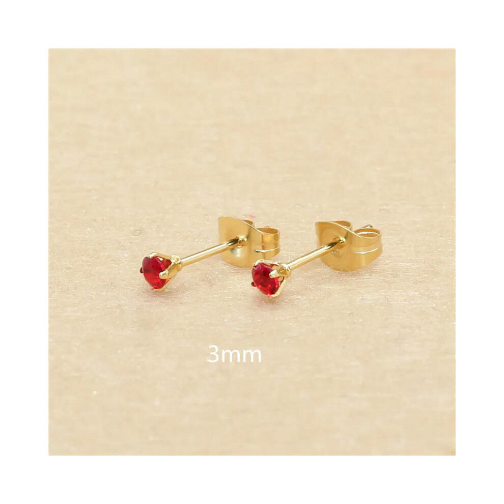 (red, gold 3mm) 3mm AAA Round Colorful Zircons White Stud Earrings With Stianless Steel Needle Brief Jewelry 20 Colors For Choose No Allergy