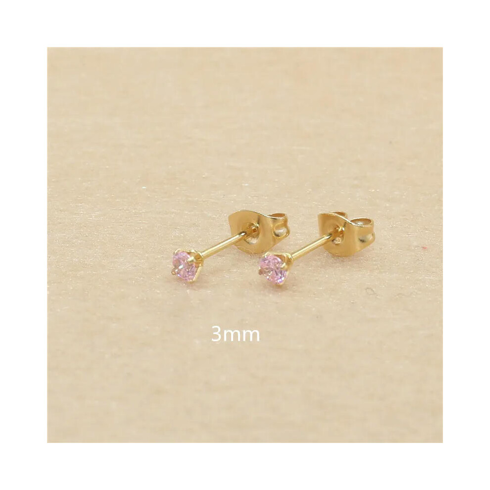 (pink, gold 3mm) 3mm AAA Round Colorful Zircons White Stud Earrings With Stianless Steel Needle Brief Jewelry 20 Colors For Choose No Allergy