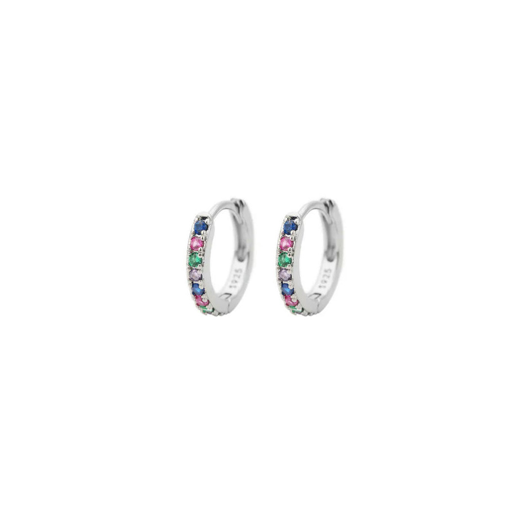 (Silver-Colorful, 9mm) 2Pcs Rainbow Little Huggies Stainless Steel Hoop Earrings Girl Tiny Rings Cartilage Small Helix Piercing Tragus Circle Men Hoop