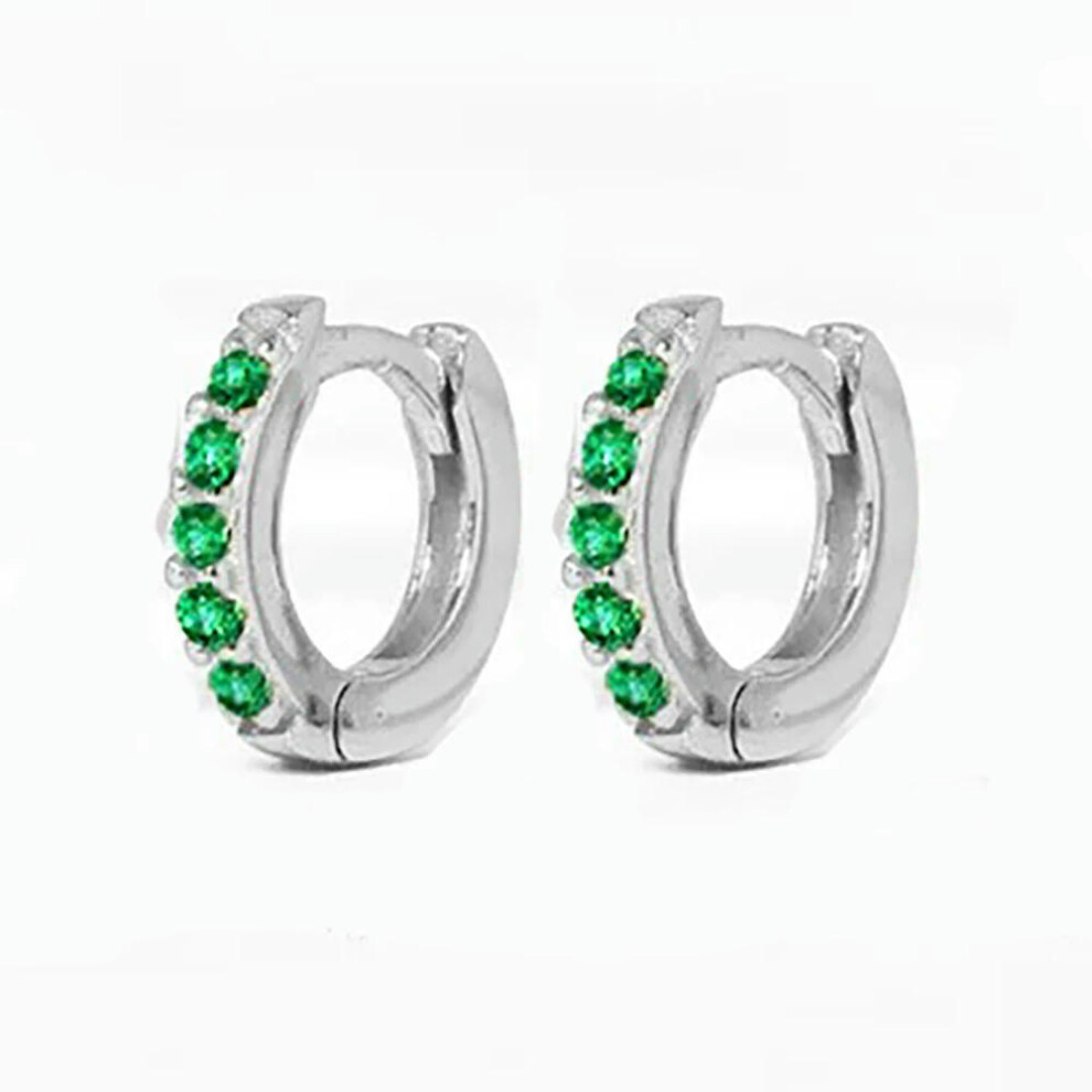 (Silver-Green, 7mm) 2Pcs Rainbow Little Huggies Stainless Steel Hoop Earrings Girl Tiny Rings Cartilage Small Helix Piercing Tragus Circle Men Hoops