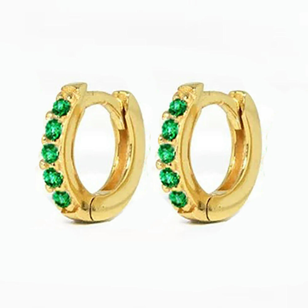 (Gold-Green, 9mm) 2Pcs Rainbow Little Huggies Stainless Steel Hoop Earrings Girl Tiny Rings Cartilage Small Helix Piercing Tragus Circle Men Hoops