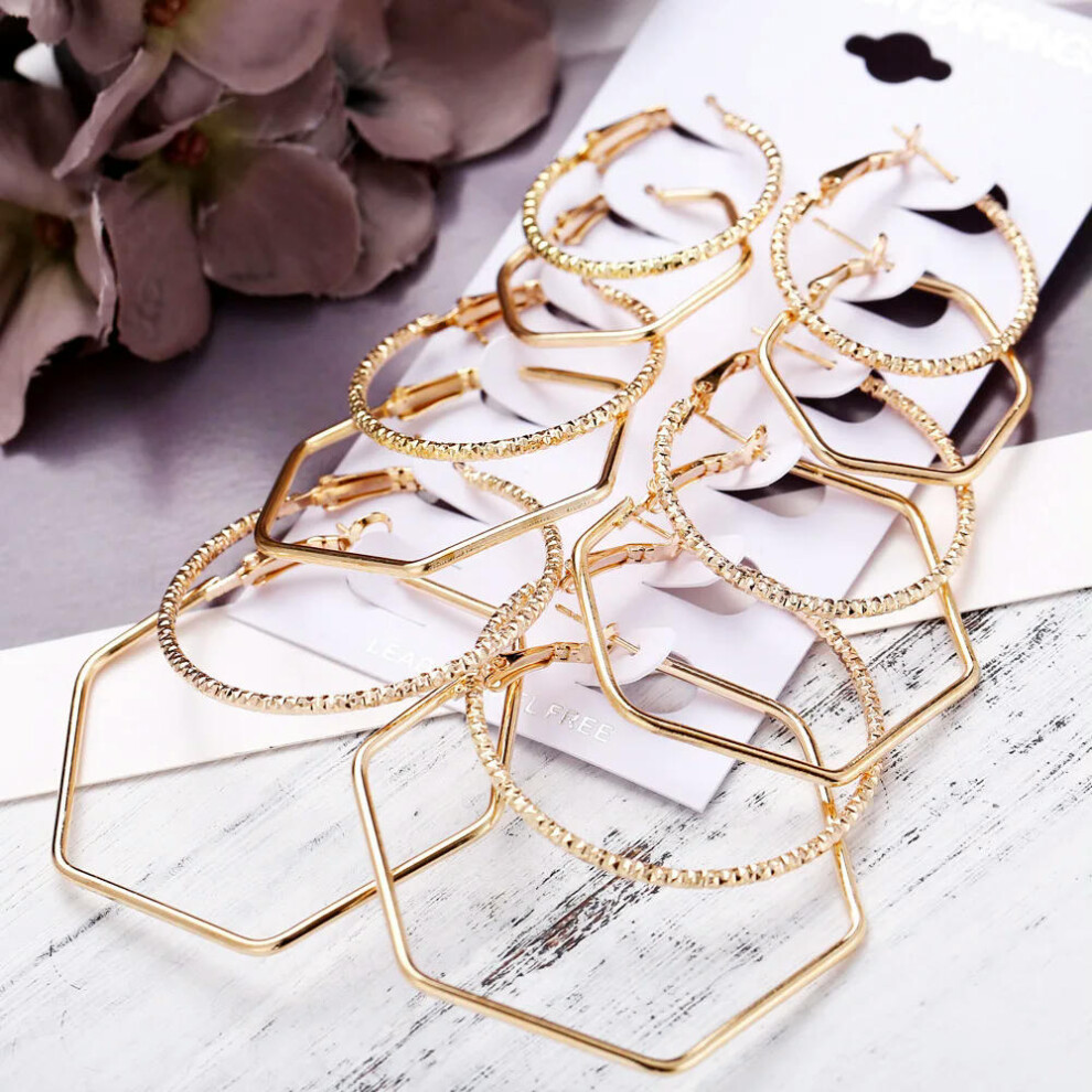 (CSF1751JCA3) 12PCS Set Simple Hoop Earrings Set Big Geometry Round Circle Earring for Women Girls Gold Color Metal Hyperbole Party Jewelry