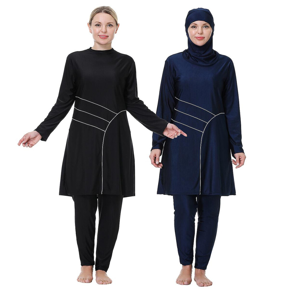 (Navy blue, 8XL) Women Swimming Suit 3xl-8xl Patchwork Muslim Full Cover Tankinis 3pcs Hijab Long Sleeves Sport Swimwear Islamic Burkinis Wear