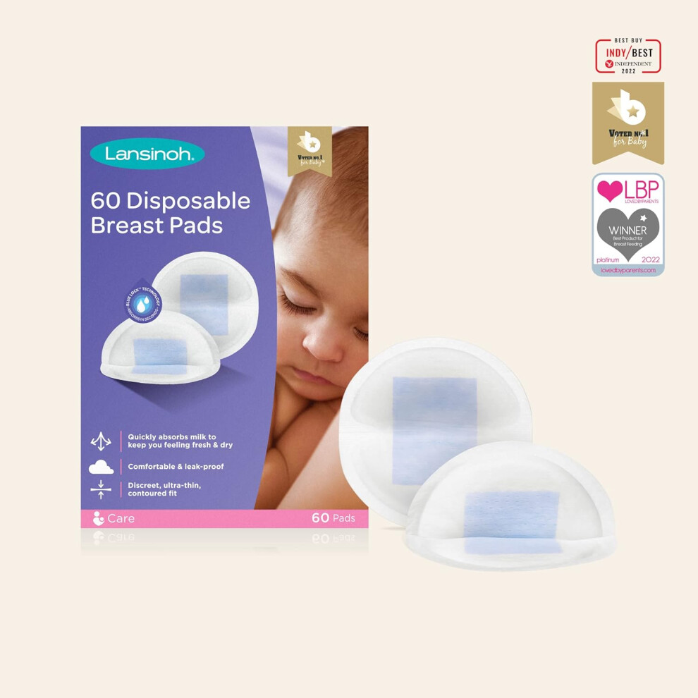 Lansinoh Disposable Breast Pads for nursing breastfeeding mothers essential hospital bag thin super absorbent layers discreet fit 60 Count Pack of 1