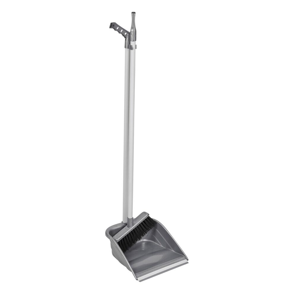 (Grey) Long Handled Upright Indoor Plastic Dustpan & Floor Brush Sweeper Cleaning Set