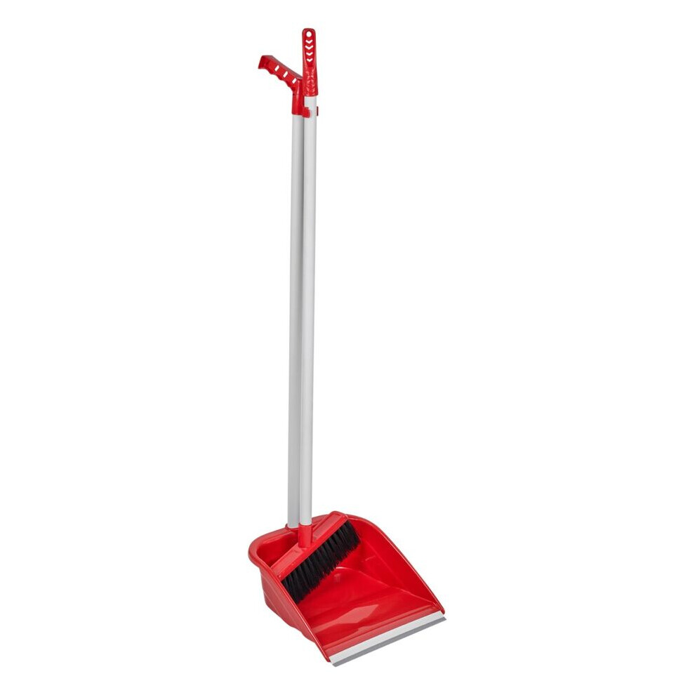 (Red) Long Handled Upright Indoor Plastic Dustpan & Floor Brush Sweeper Cleaning Set