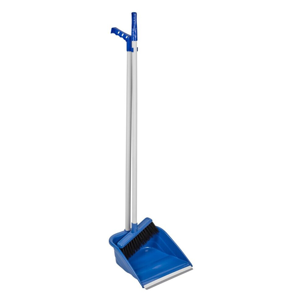 (Blue) Long Handled Upright Indoor Plastic Dustpan & Floor Brush Sweeper Cleaning Set