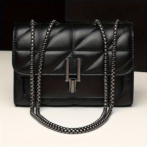 (Black) Classic Trendy Black Shoulder Square Chain Bag, Minimalist Quilted Pattern Flap