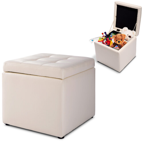 Costway Faux Leather Ottoman Pouffe Storage Toy Box Foot Stool White