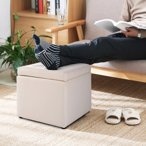 Costway Faux Leather Ottoman Pouffe Storage Toy Box Foot Stool White 2