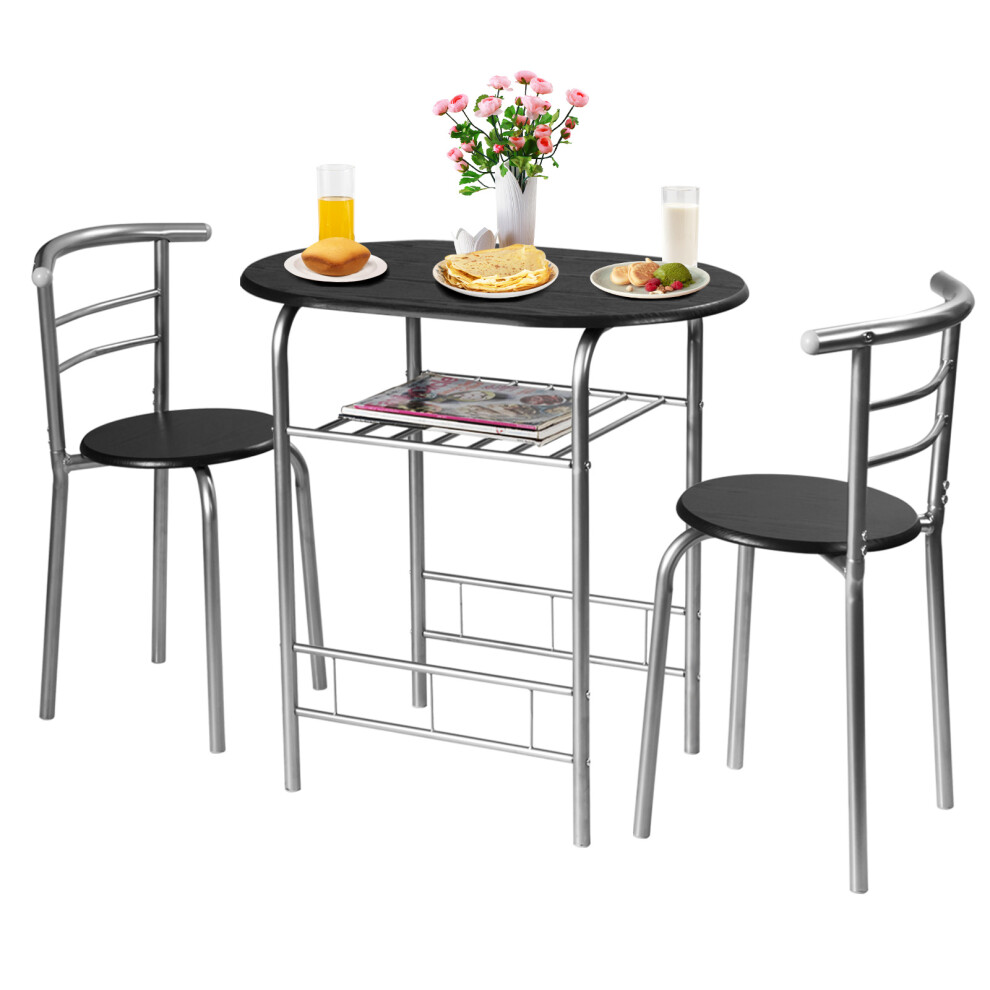 3 Piece Dining Set 2 Chairs & Table w/  Shelf Storage Black