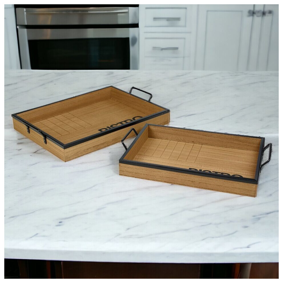 B&Q - Urbnliving 40Cm Width 2 Pieces Coffee Tea Bar Wooden Breakfast Food Serving Tray Set Metal Handles - Image 2