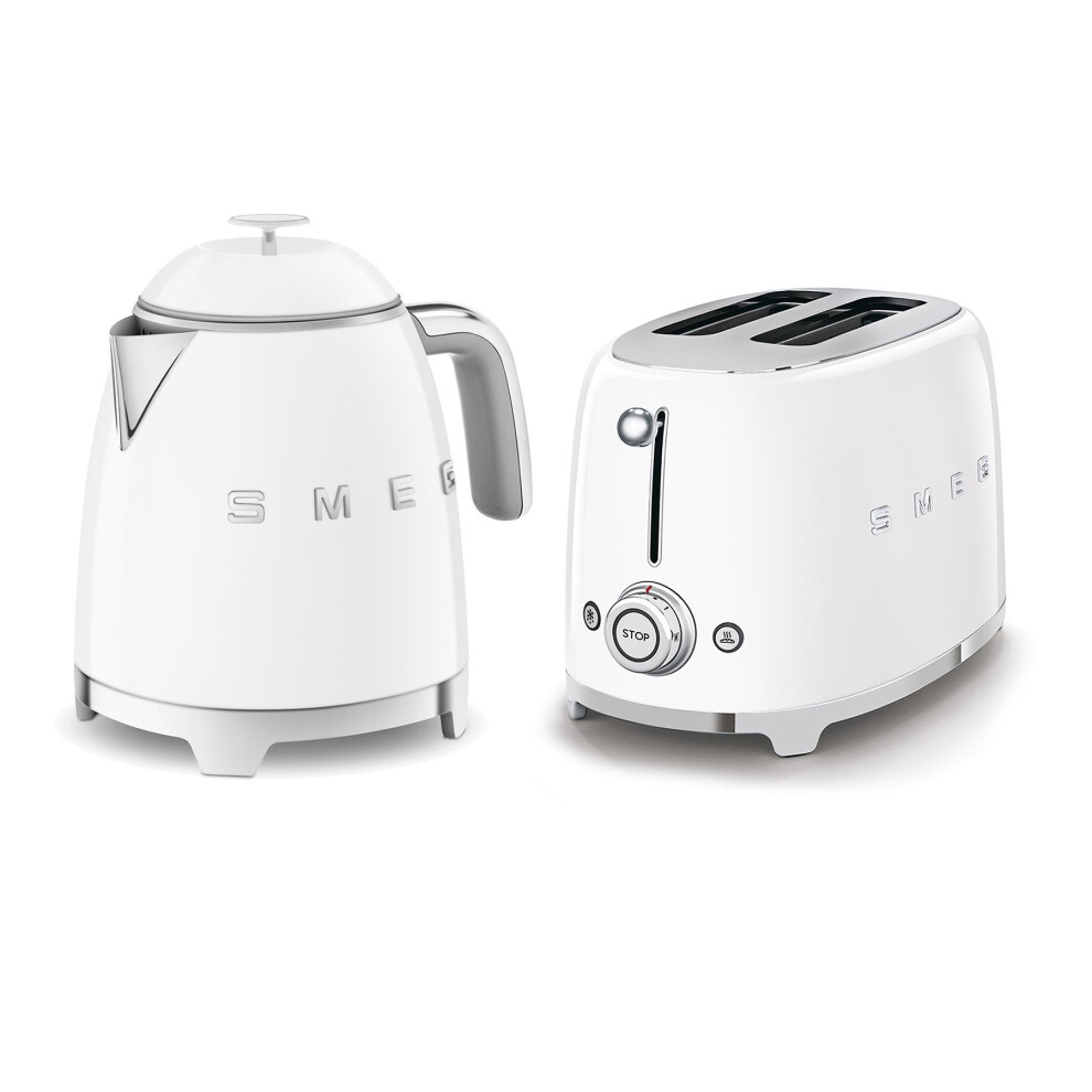 Smeg 50S Style Retro Range Breakfast Set, 0.8L 1400W Mini Kettle And Multi-Functional Control 2-Slice 950W Toaster, White, Klf05whuk/ Tsf01whuk
