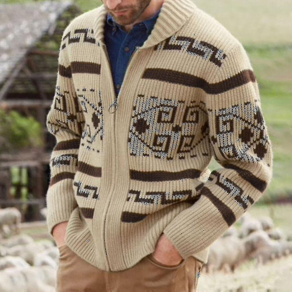 (XL) Men"s Khaki Zip Cardigan Jacquard Knitted Jumper Autumn/winter Warm Clothing-yyy
