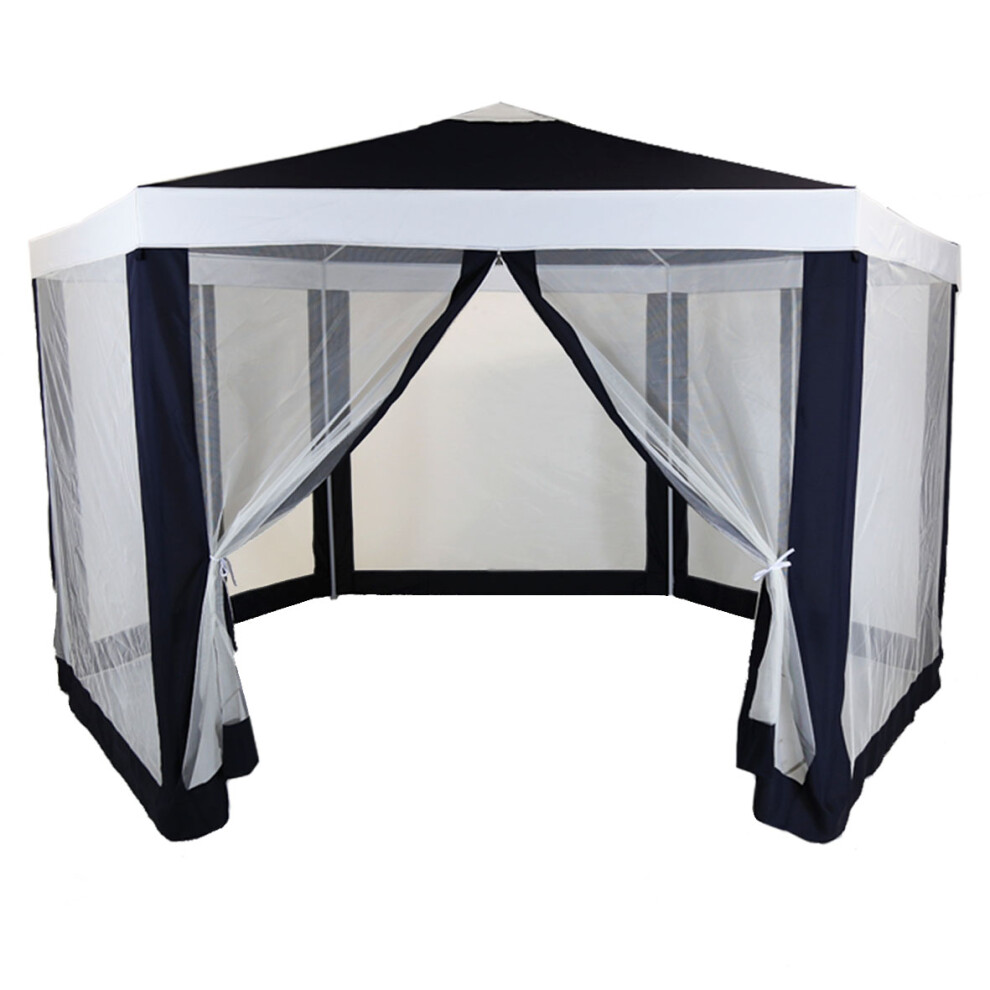Charles Bentley Hexagonal Gazebo with Mesh Sides Blue/Beige Showerproof PE  Zipper Heavy Duty