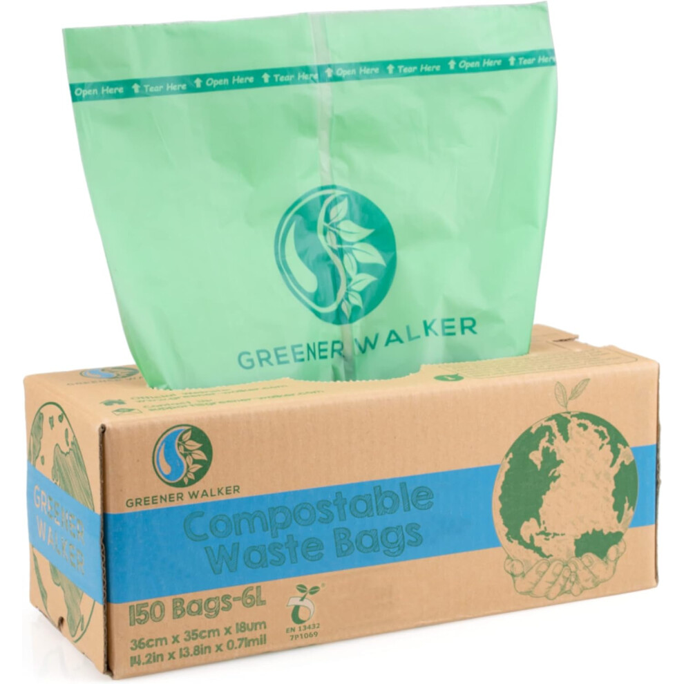 Greener Walker 6L-150Bags 100% Compostable Biodegradable Bin Liners 6L/10L/30L Food Waste Bags with EN13432 Certificate Caddy Kitchen Bin Liners