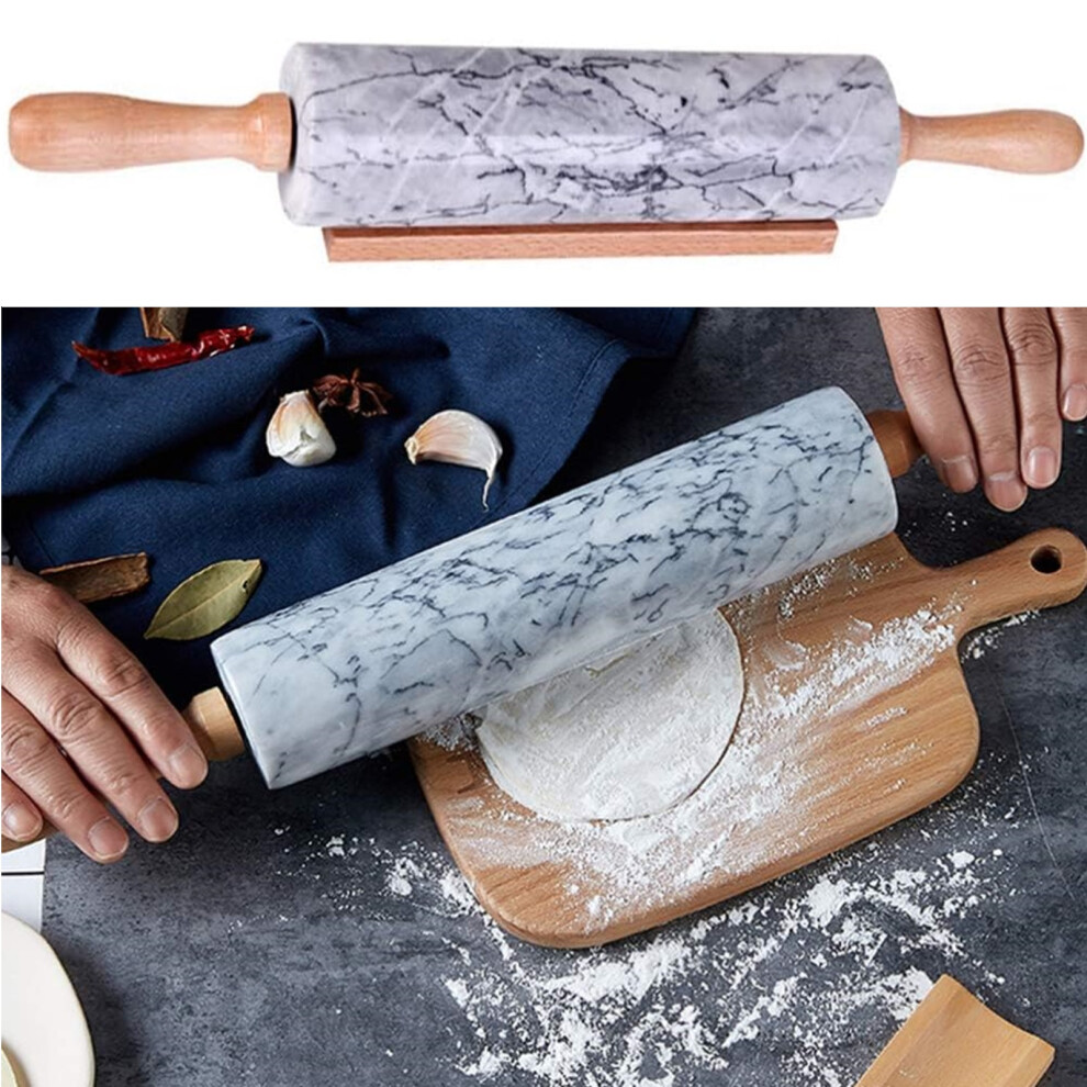Marble Rolling Pin 46cm Roll Baking Roller With Wooden Handles Stand