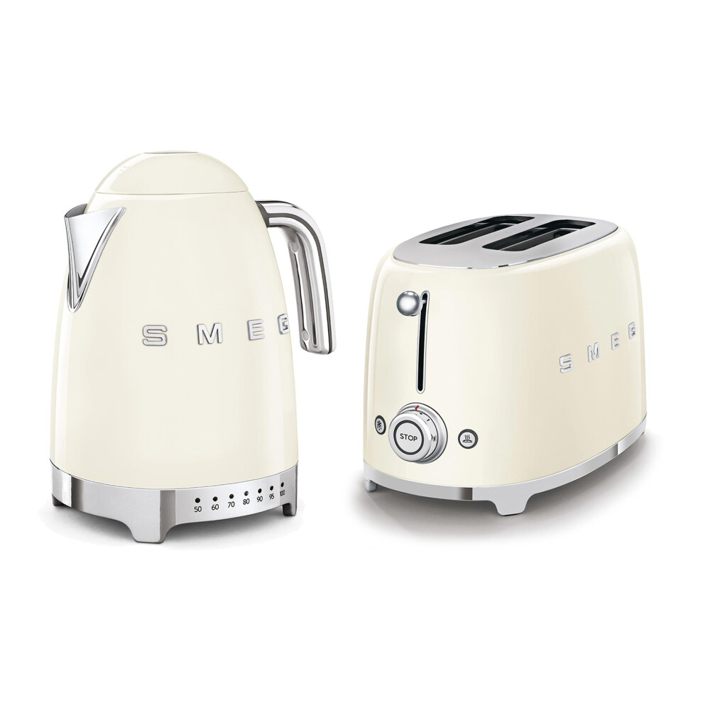 Smeg 50'S Style Retro Range Breakfast Set, Variable Temperature Kettle & Multi-Functional Control 2-Slice 950W Toaster, Cream, Klf04cruk/ Tsf01cruk